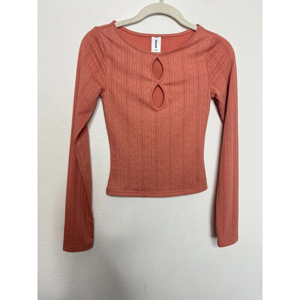 Abound Sz XXS Ribbed Knit Keyhole Top Pink Long Sleeve Round Neckline Cotton